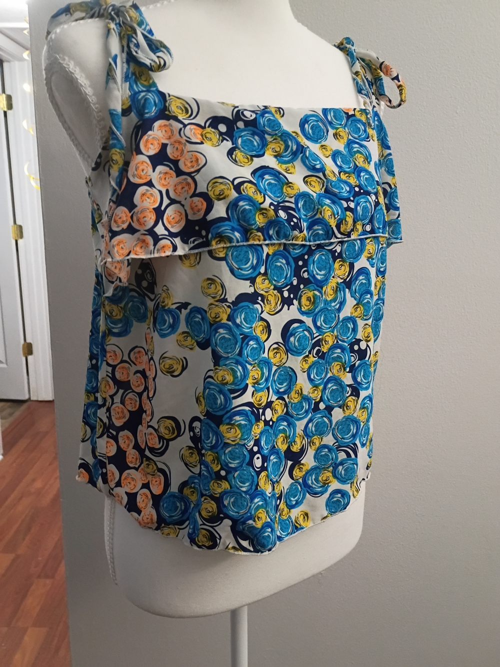 Floral Tie-Shoulder Sleeveless Top in Blue, Yellow & Peach